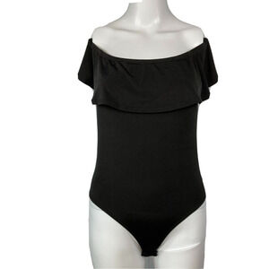 California Stitch Bodysuit Womens Sz L Black Stretch Off Shoulder Ruffle‎ Top